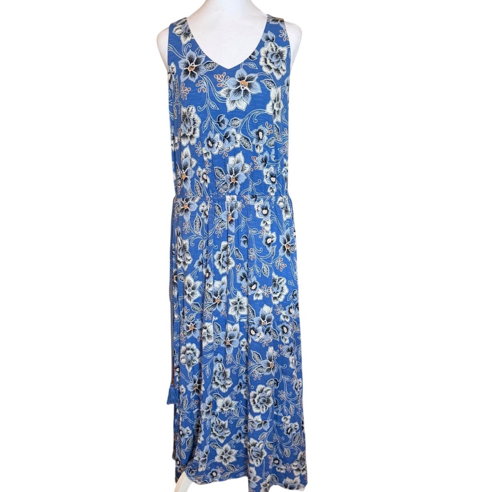 J. Jill‎ Womens Blue Floral Sleeveless Maxi Dress V-Neck Drawstring Waist Size M